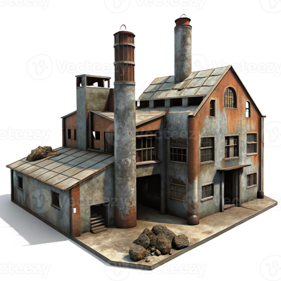 dramatic modern Abandoned industrial factory, rusting metal, broken windows, decaying concrete, eerie atmosphere detailed png
