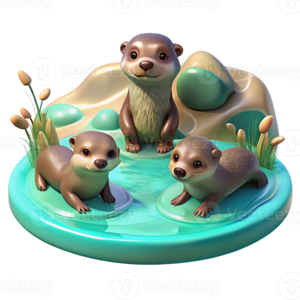 beautiful contemporary A playful family of otters frolicking in crystal-clear turquoise water, sunbeams dappling the surface, digital art style 4K png