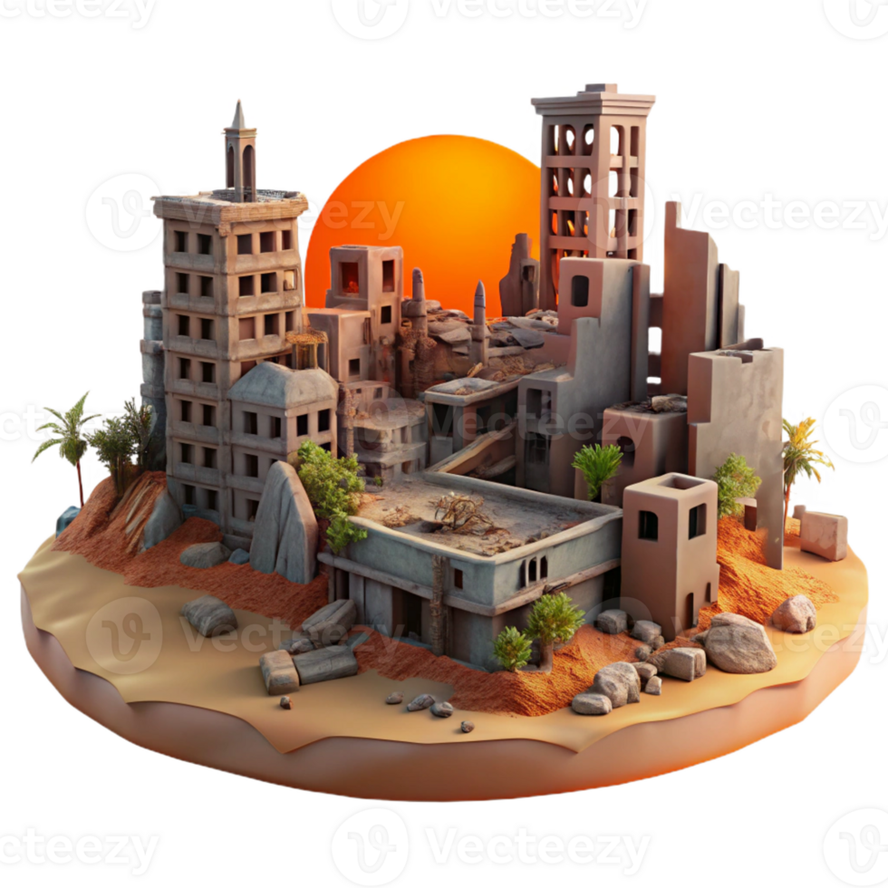 stunning modern Post-apocalyptic cityscape, ruined buildings, overgrown vegetation, orange-tinted sky, desolate atmosphere original png