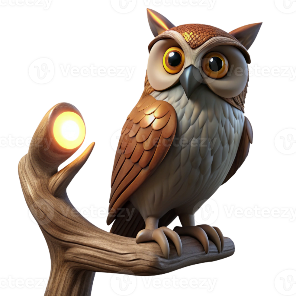 magnificent creative A wise old owl perched on an ancient, gnarled oak branch, illuminated by a single spotlight, Rembrandt lighting, photorealistic genuine png