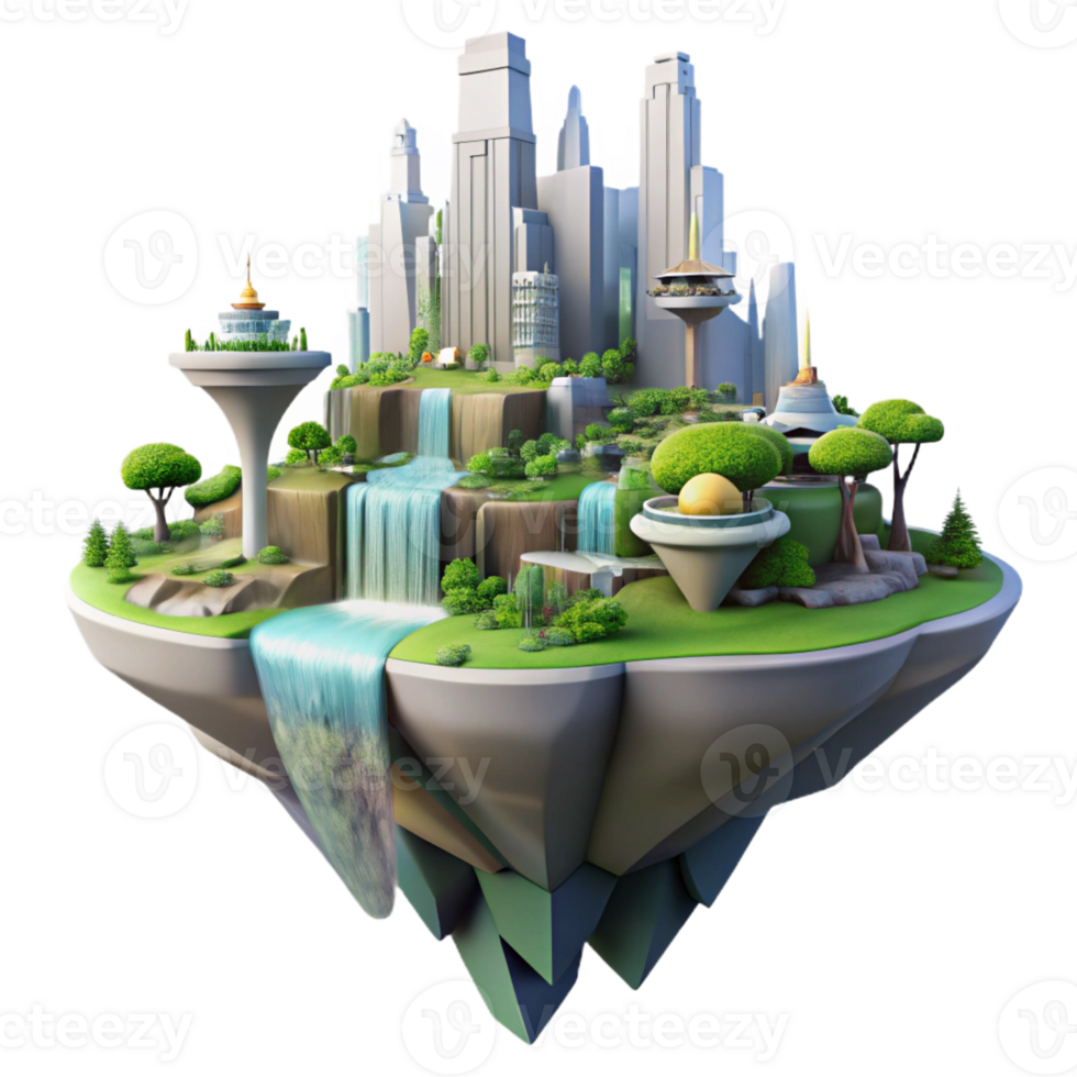 extraordinary classic Floating island city, futuristic architecture, waterfalls cascading down, lush vegetation, utopian atmosphere high quality png