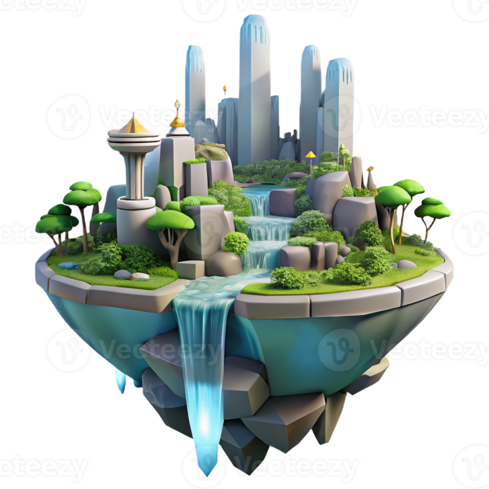 elegant abstract Floating island city, futuristic architecture, waterfalls cascading down, lush vegetation, utopian atmosphere genuine png