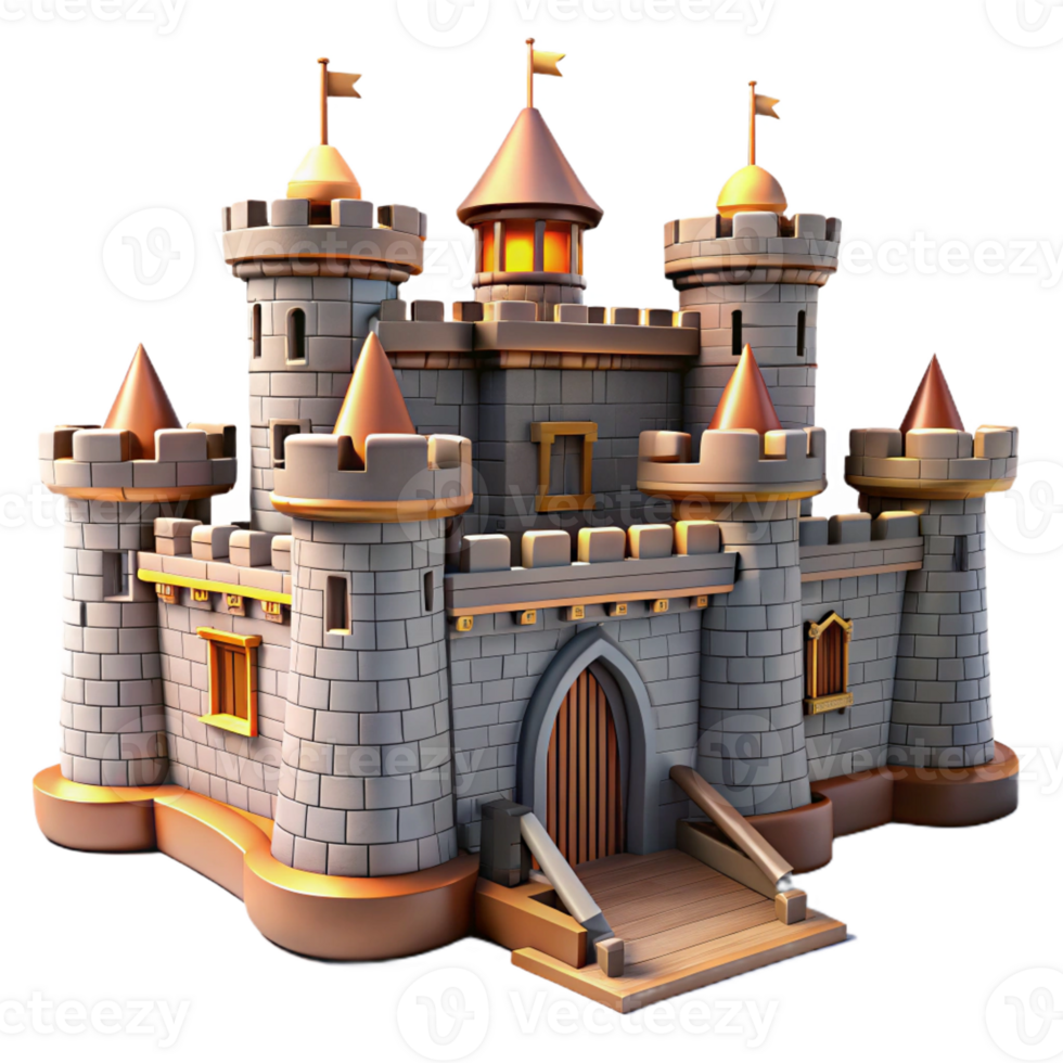 serene rustic Medieval castle, stone walls, fortified towers, drawbridge, dramatic lighting detailed png