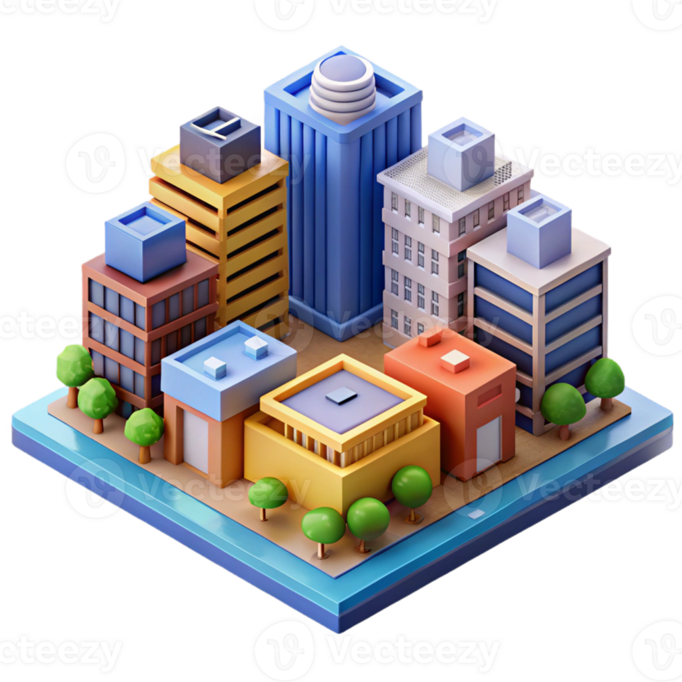 beautiful modern Isometric city block, pixel art style, vibrant colors, retro aesthetic, detailed buildings high resolution png