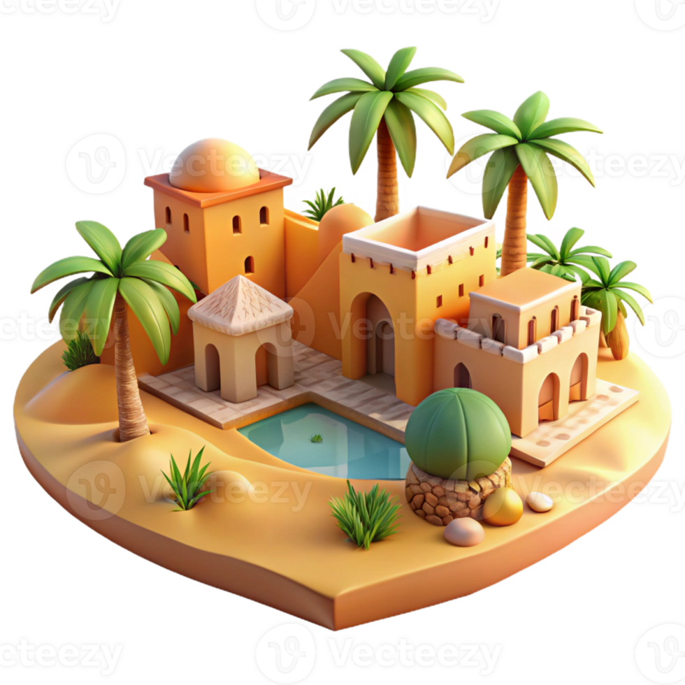 extraordinary rustic Desert oasis village, adobe buildings, palm trees, vibrant textiles, warm sunlight 4K png