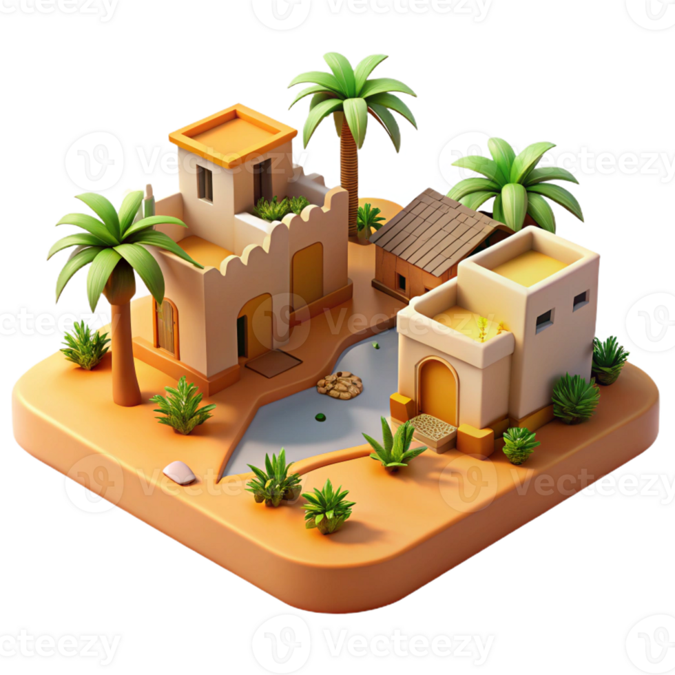 stunning modern Desert oasis village, adobe buildings, palm trees, vibrant textiles, warm sunlight high quality png