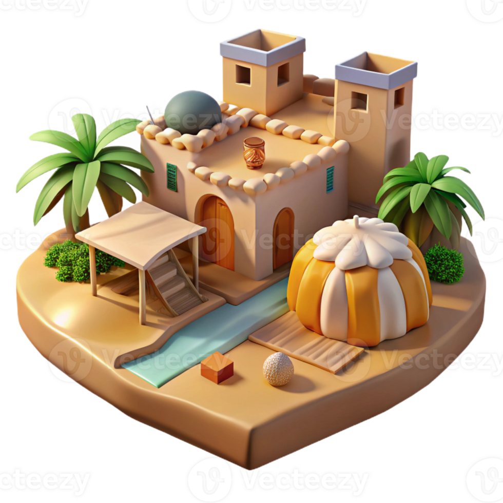dramatic rustic Desert oasis village, adobe buildings, palm trees, vibrant textiles, warm sunlight detailed png