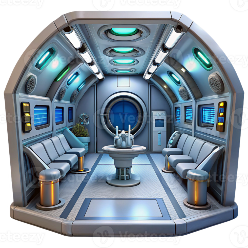 stunning artistic Space station interior, futuristic technology, metallic surfaces, zero gravity environment high quality png