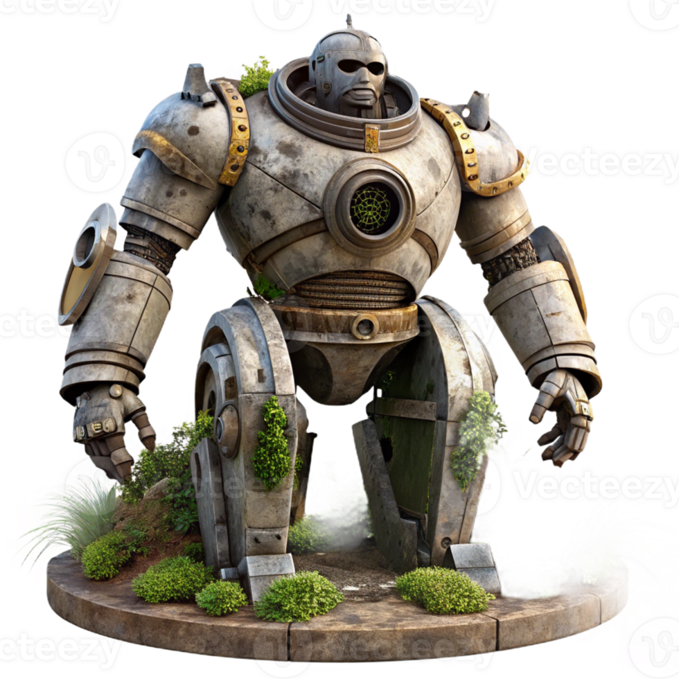 wonderful modern Giant robot statue, decaying metal, overgrown vegetation, post-apocalyptic setting 4K png