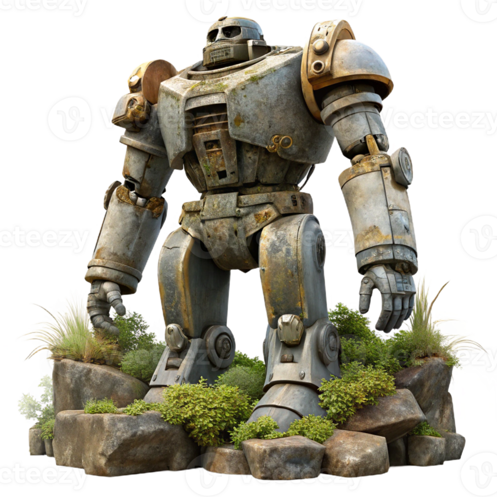 extraordinary contemporary Giant robot statue, decaying metal, overgrown vegetation, post-apocalyptic setting authentic png