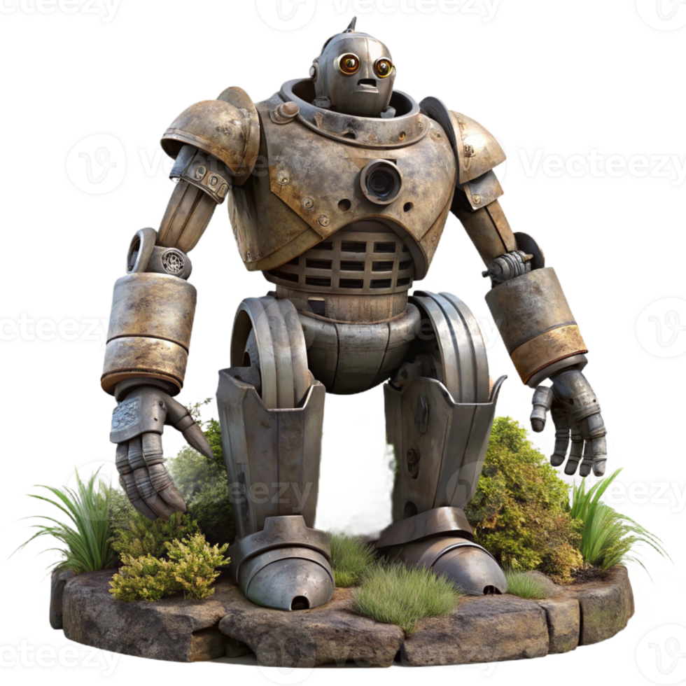 dramatic classic Giant robot statue, decaying metal, overgrown vegetation, post-apocalyptic setting high resolution png