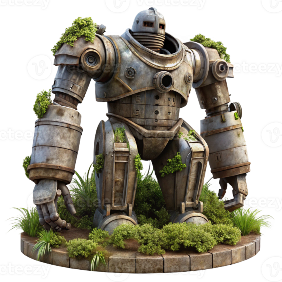 wonderful rustic Giant robot statue, decaying metal, overgrown vegetation, post-apocalyptic setting genuine png