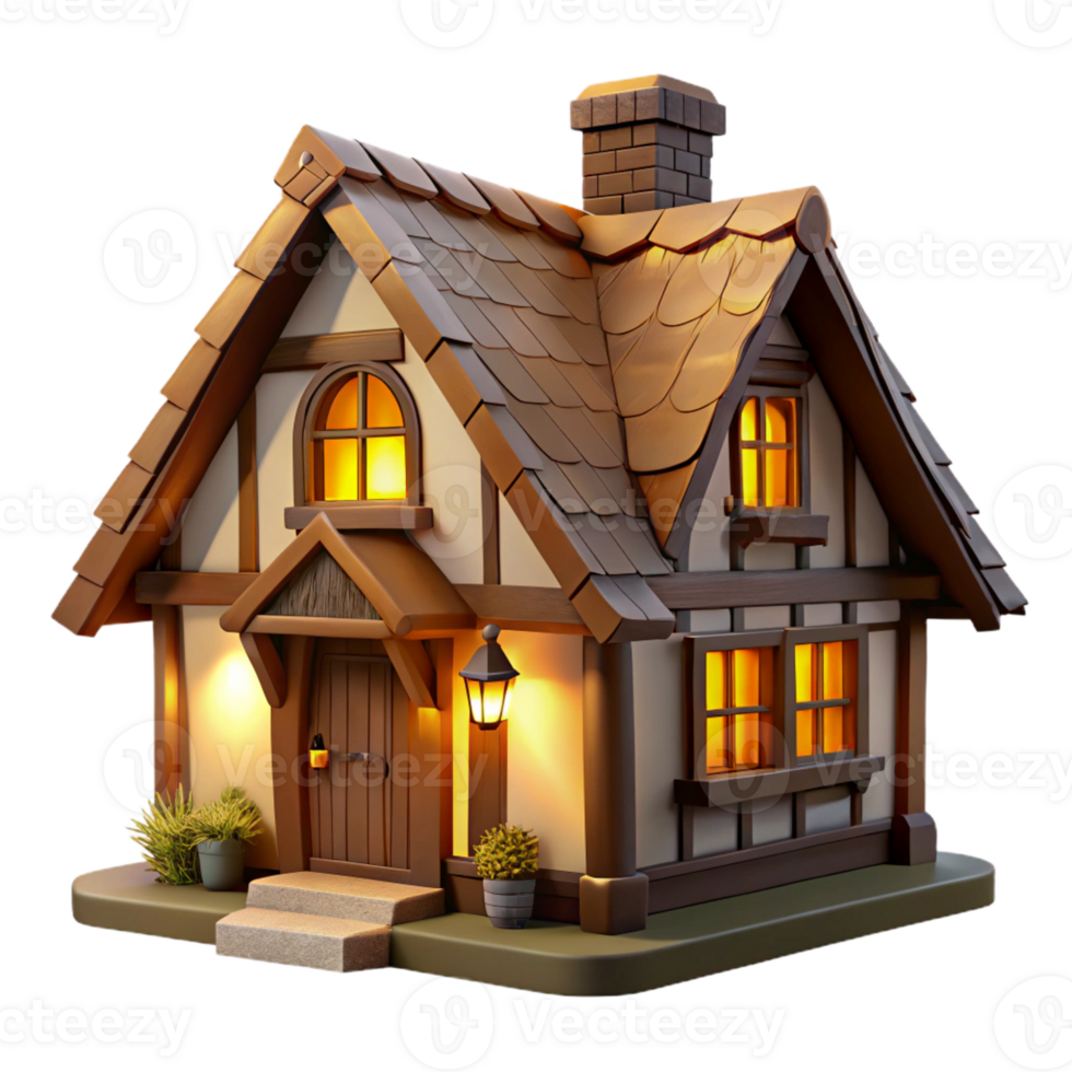 magnificent minimalist Tudor style cottage, thatched roof, half-timbered walls, cozy interior, warm lighting genuine png
