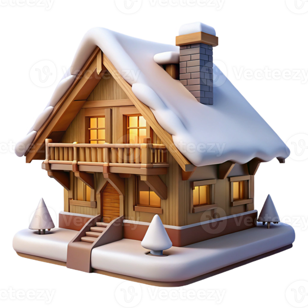 stunning rustic Swiss chalet, wooden beams, sloped roof, snow-covered landscape, cozy atmosphere high quality png