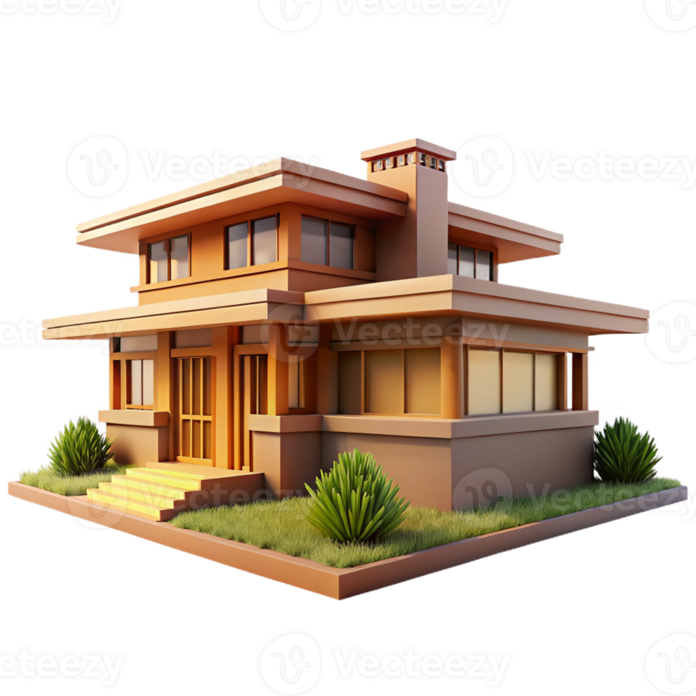 elegant artistic Frank Lloyd Wright style house, prairie architecture, horizontal lines, natural materials, integrated with nature premium png