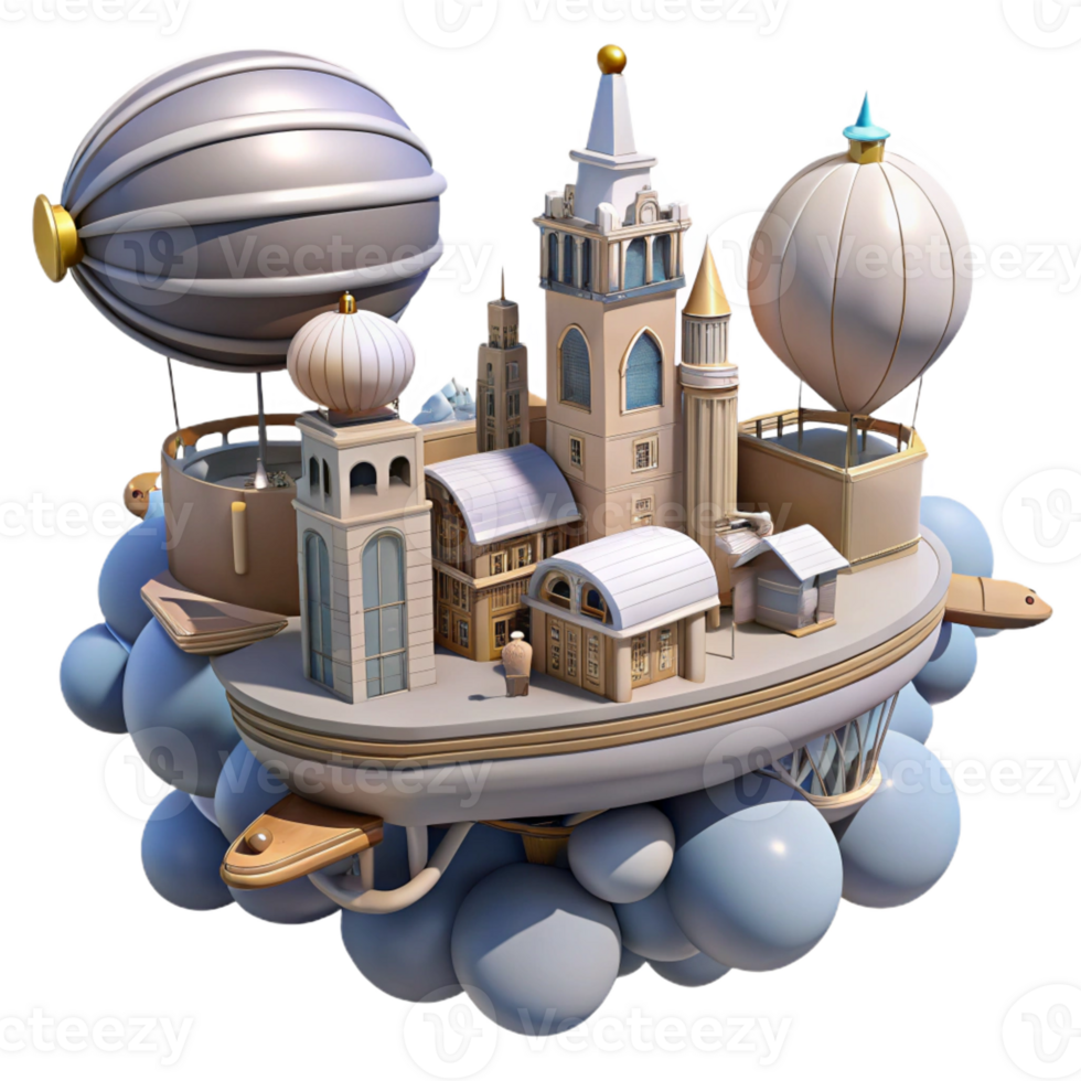 extraordinary classic Floating city, blimps and airships, art deco architecture, steampunk aesthetic authentic png