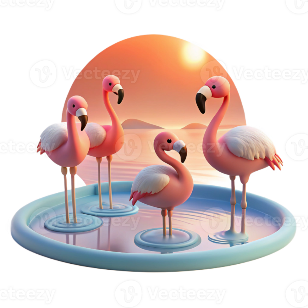 wonderful creative A group of flamingos standing in a shallow lake, pastel sunset, serene atmosphere, minimalist style premium png