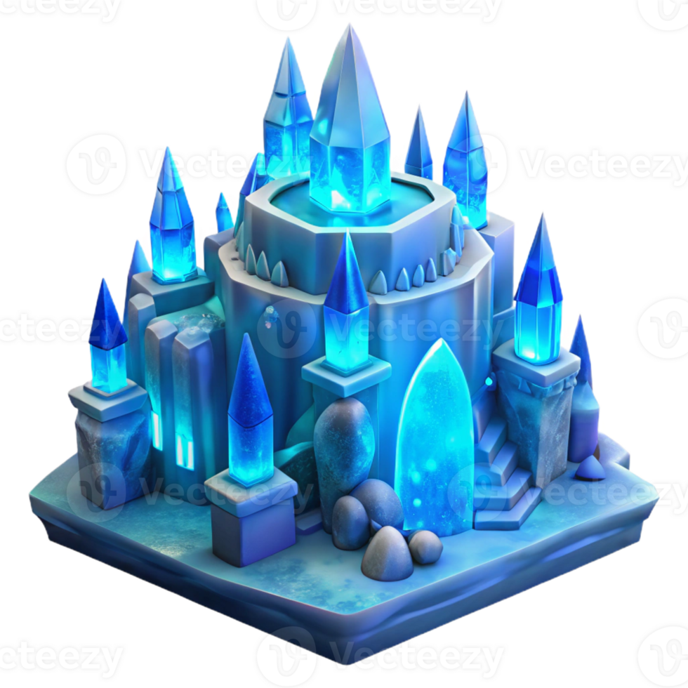 serene minimalist Ice castle, intricate ice sculptures, glowing blue light, magical atmosphere genuine png