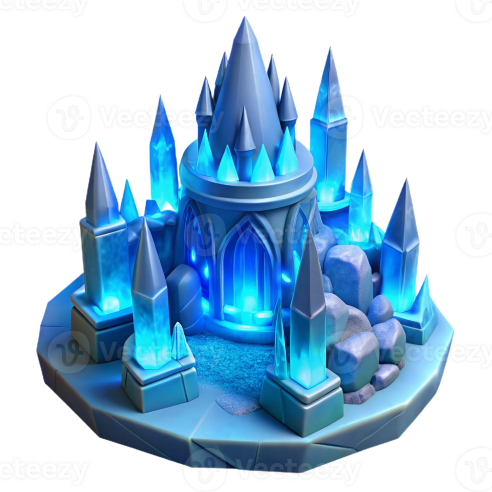 beautiful minimalist Ice castle, intricate ice sculptures, glowing blue light, magical atmosphere high resolution png