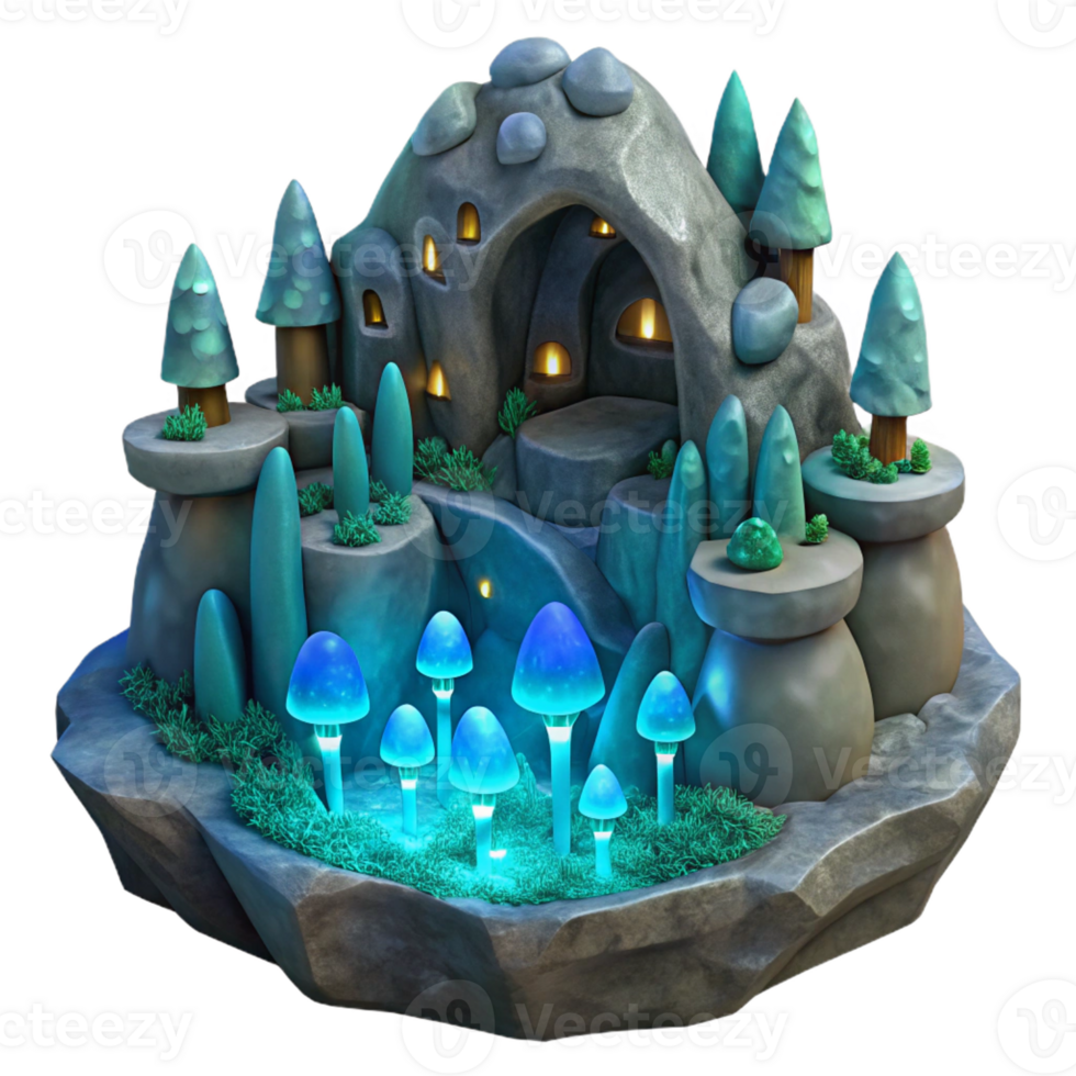 beautiful modern Underground city, carved into rock, bioluminescent fungi, mysterious atmosphere high quality png