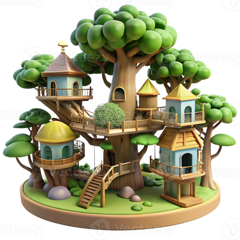 stunning creative Giant treehouse city, interconnected platforms, lush vegetation, whimsical atmosphere high resolution png