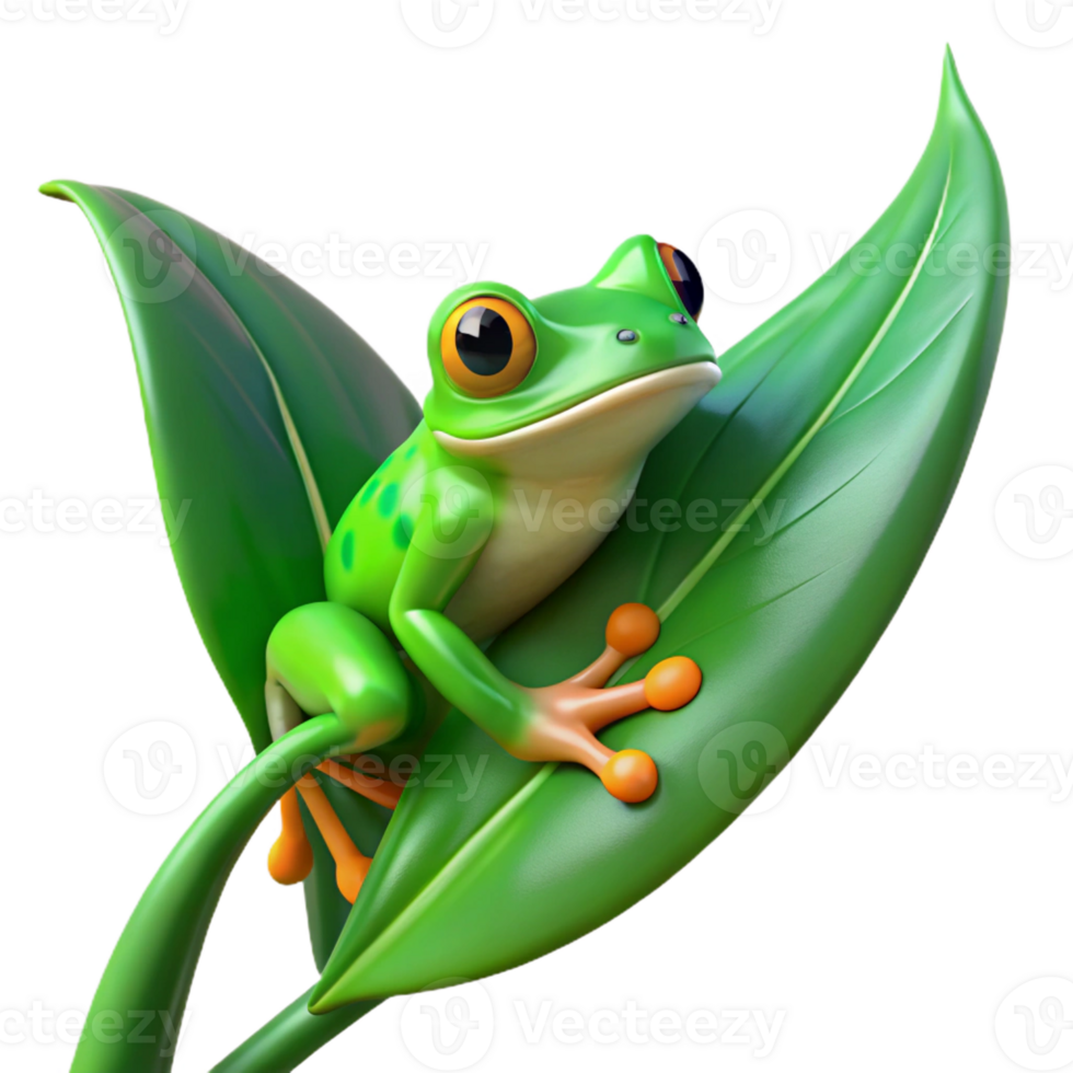 impressive traditional A bright green tree frog clinging to a leaf, rainforest setting, vibrant colors, nature photography style exclusive png