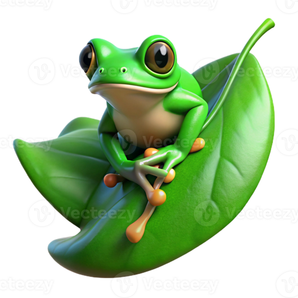 serene vintage A bright green tree frog clinging to a leaf, rainforest setting, vibrant colors, nature photography style authentic png