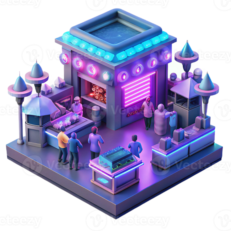 wonderful vintage Cyberpunk market, neon signs, holographic displays, bustling crowd, gritty textures premium png