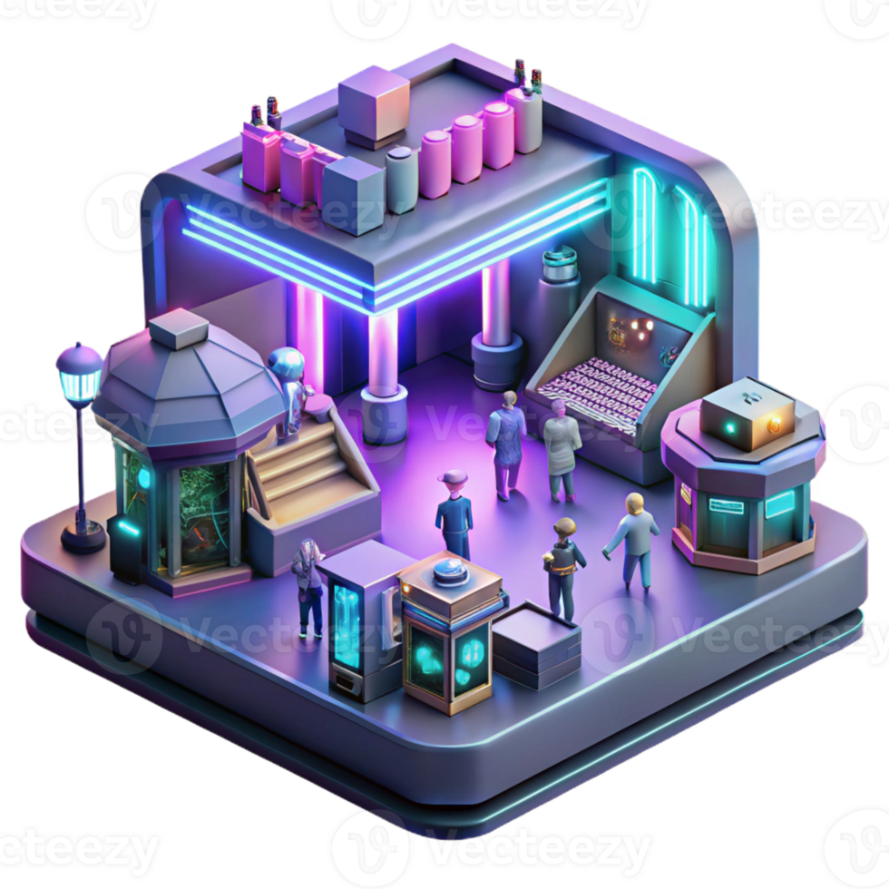 impressive abstract Cyberpunk market, neon signs, holographic displays, bustling crowd, gritty textures high quality png