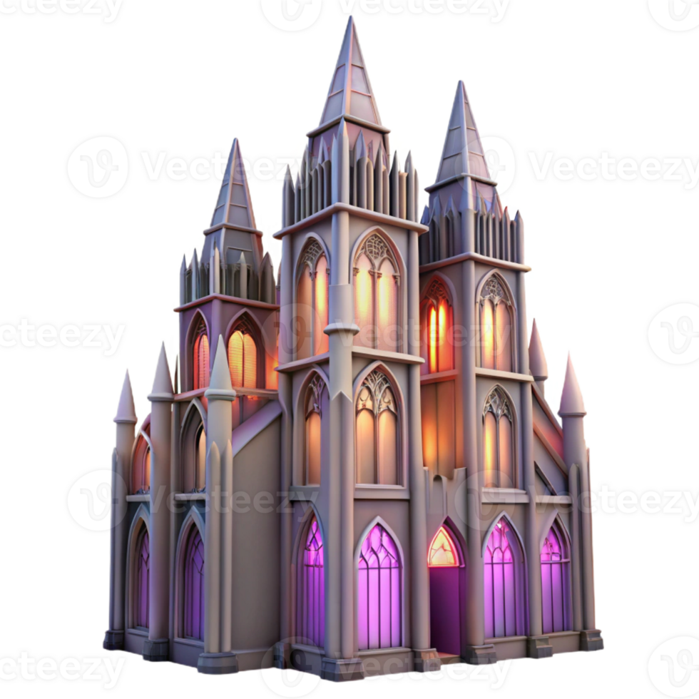 stunning modern A towering Gothic skyscraper, intricate gargoyles and stained glass windows, illuminated by a soft purple sunset, hyperrealistic, original png