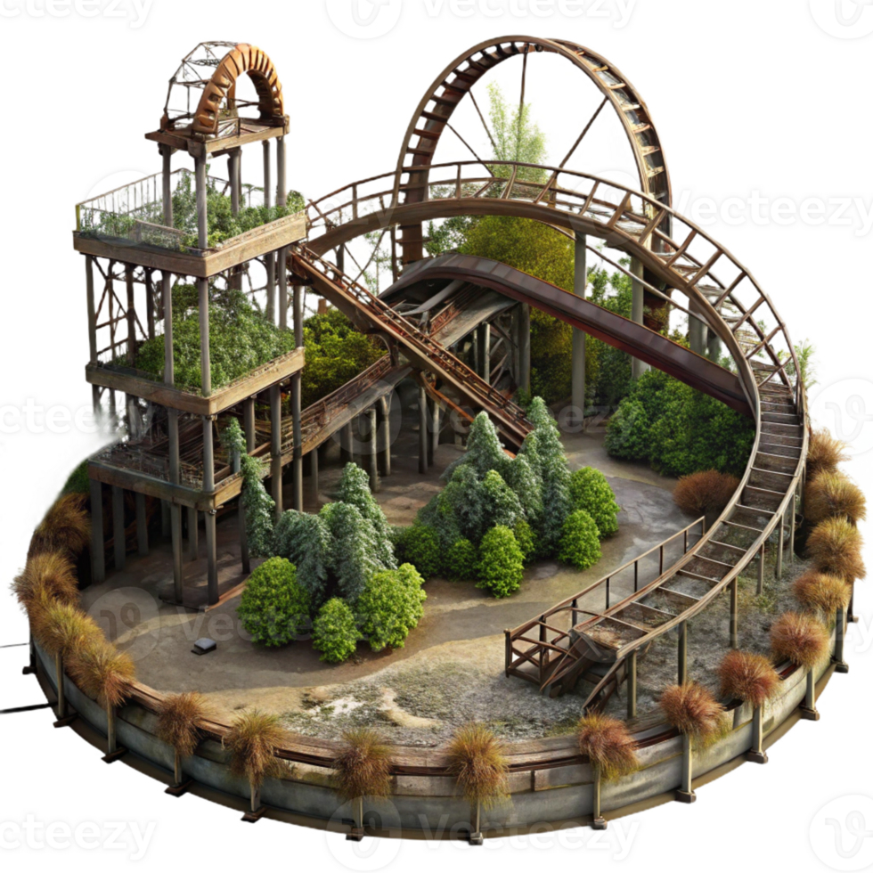 serene rustic Abandoned amusement park, rusty roller coasters, overgrown vegetation, eerie atmosphere 4K png
