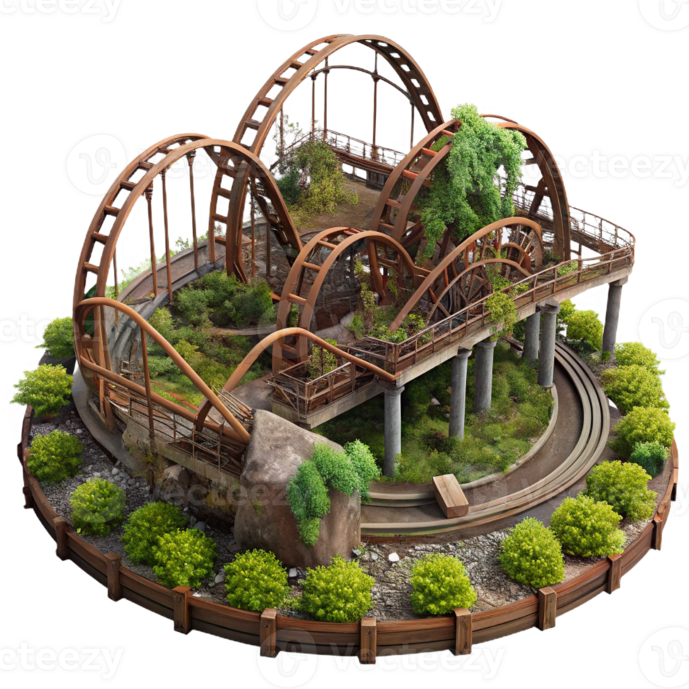 extraordinary contemporary Abandoned amusement park, rusty roller coasters, overgrown vegetation, eerie atmosphere detailed png