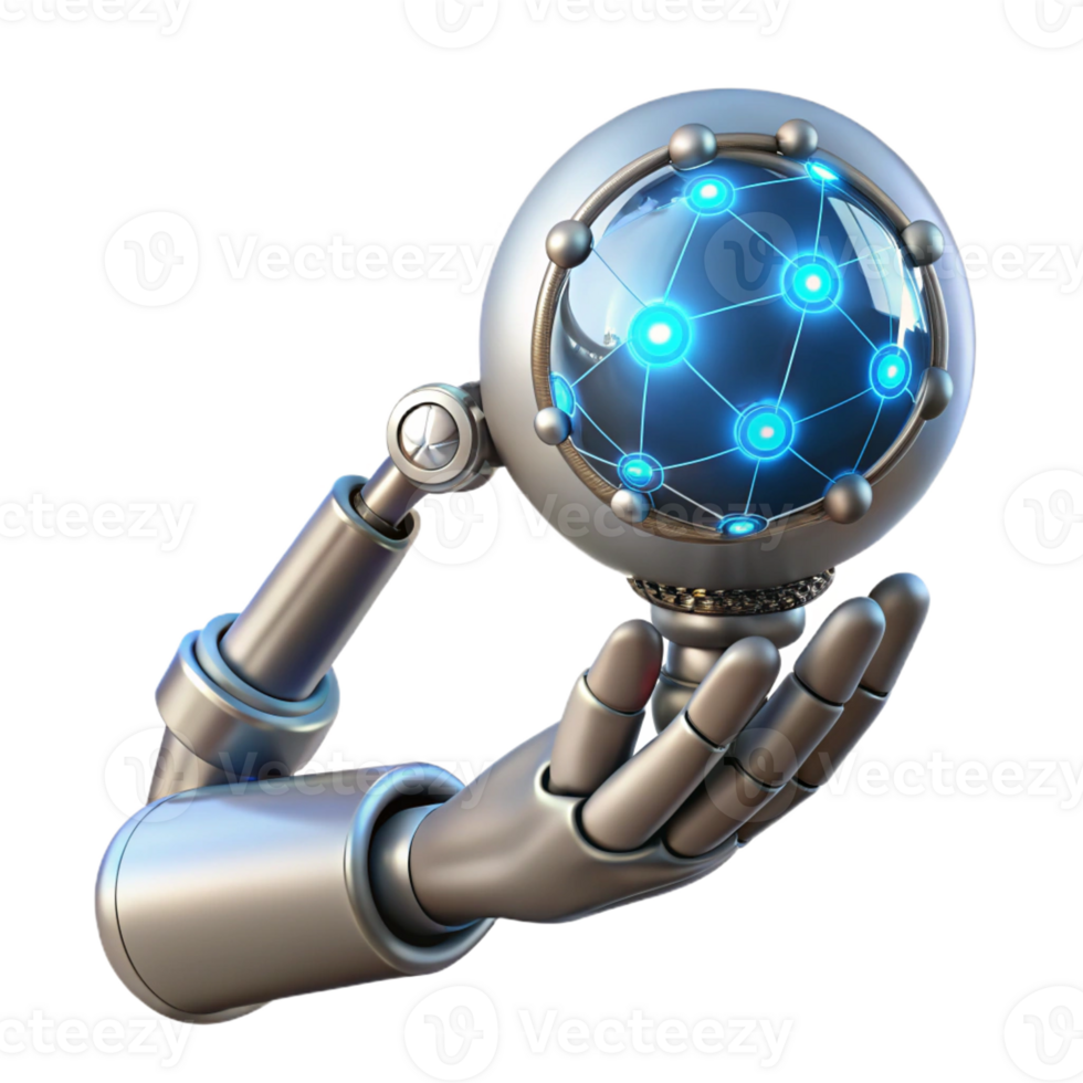magnificent classic A chrome robotic arm delicately holding a glowing orb of data, intricate wires exposed, studio lighting, cyberpunk style detailed png