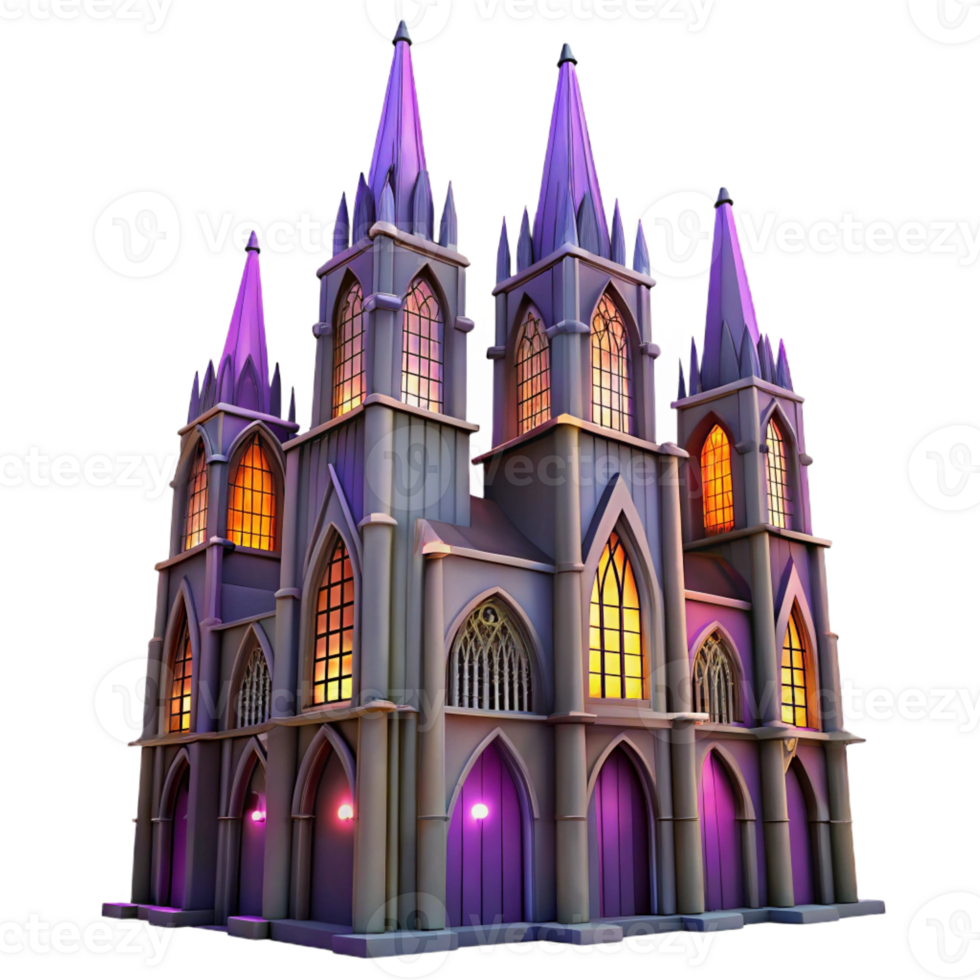 magnificent rustic A towering Gothic skyscraper, intricate gargoyles and stained glass windows, illuminated by a soft purple sunset, hyperrealistic, high resolution png