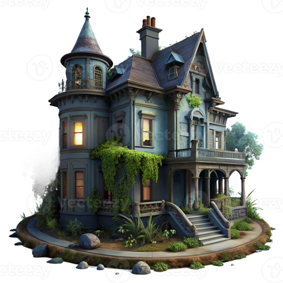 wonderful rustic An abandoned Victorian mansion overgrown with ivy, dim moonlight, eerie and mysterious, digital painting, exclusive png