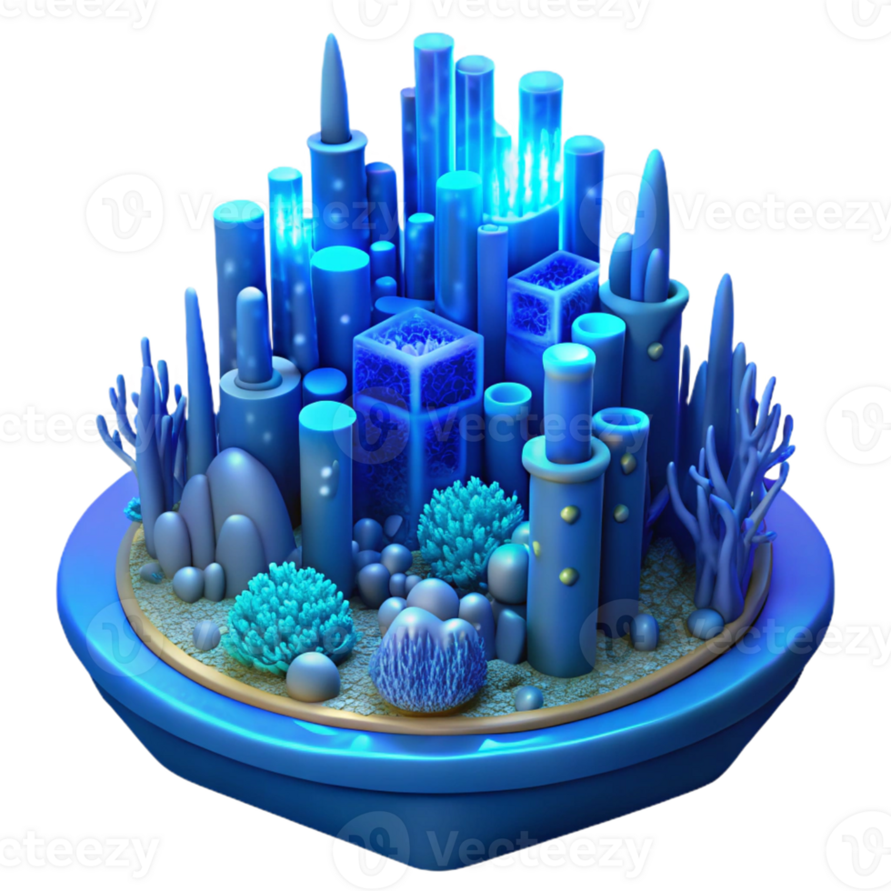vibrant classic An underwater city with bioluminescent coral structures, deep blue lighting, dreamlike, digital art, 4K png