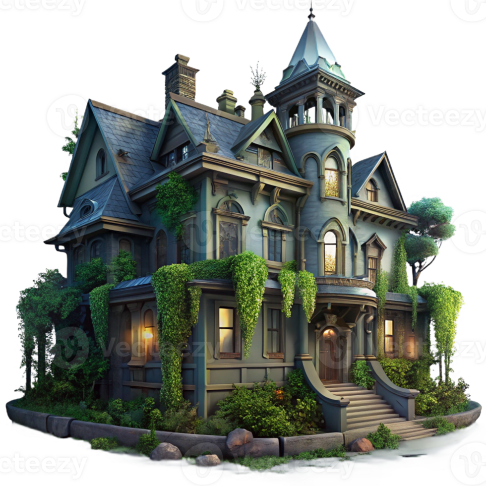beautiful abstract An abandoned Victorian mansion overgrown with ivy, dim moonlight, eerie and mysterious, digital painting, high resolution png