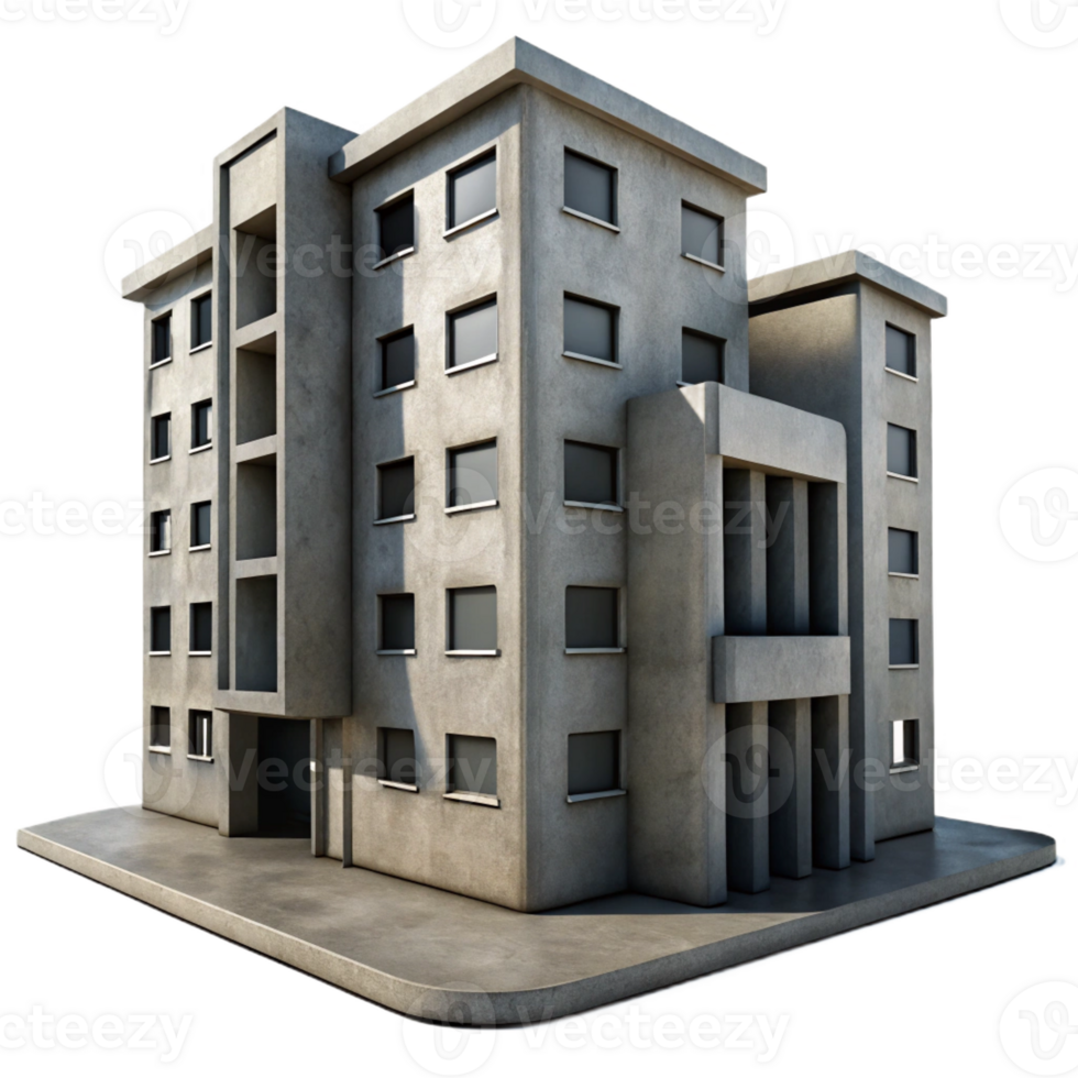 dramatic rustic A brutalist concrete apartment complex, harsh shadows, dystopian, photorealistic, 4K png