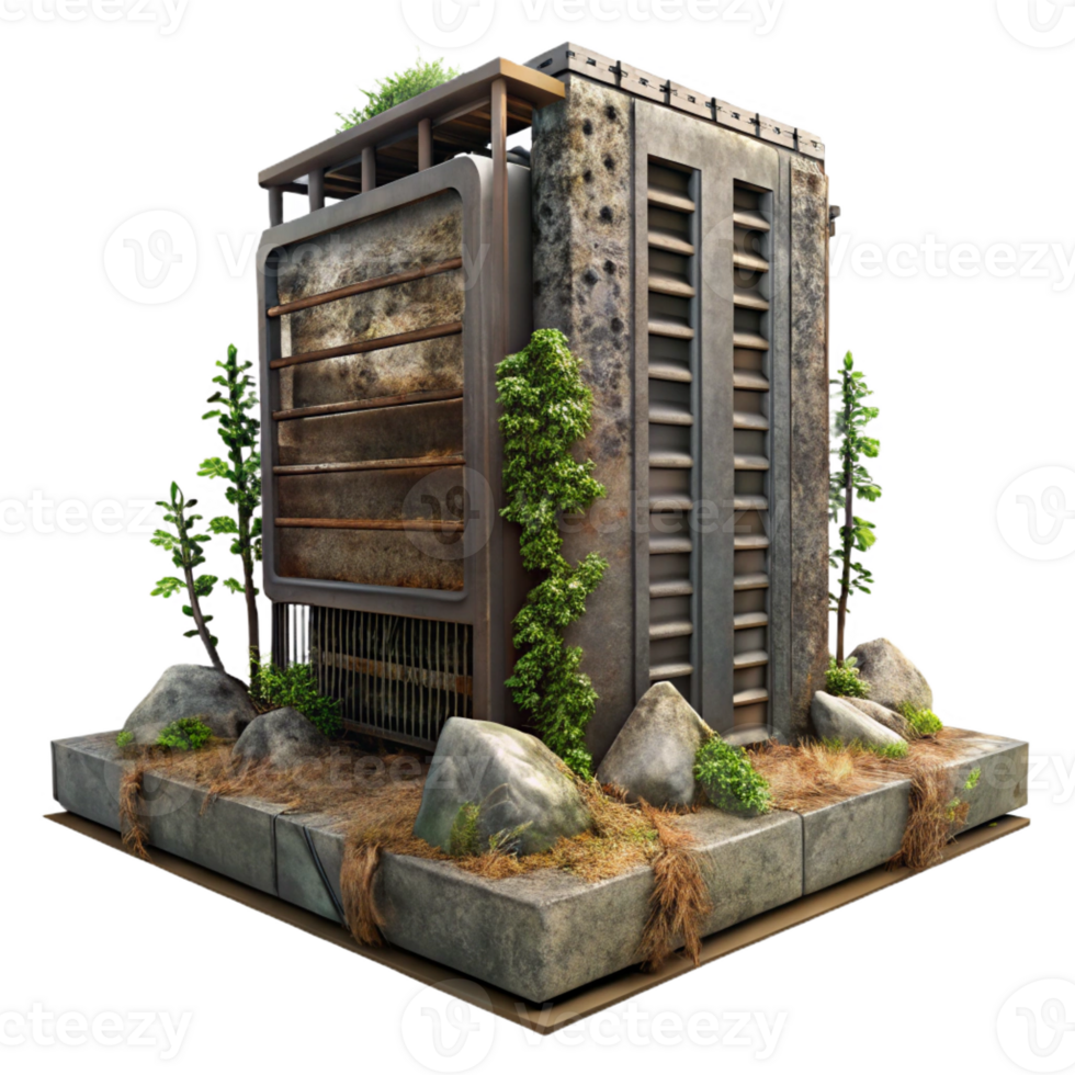 dramatic artistic A desolate landscape with a lone, rusted server rack overgrown with vines, dim overcast lighting, post-apocalyptic style premium png