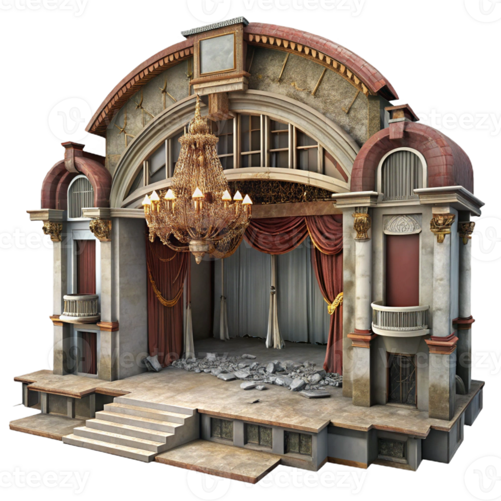 elegant minimalist A dilapidated Art Nouveau theater, faded frescoes and broken chandeliers, melancholic, vintage photograph, exclusive png