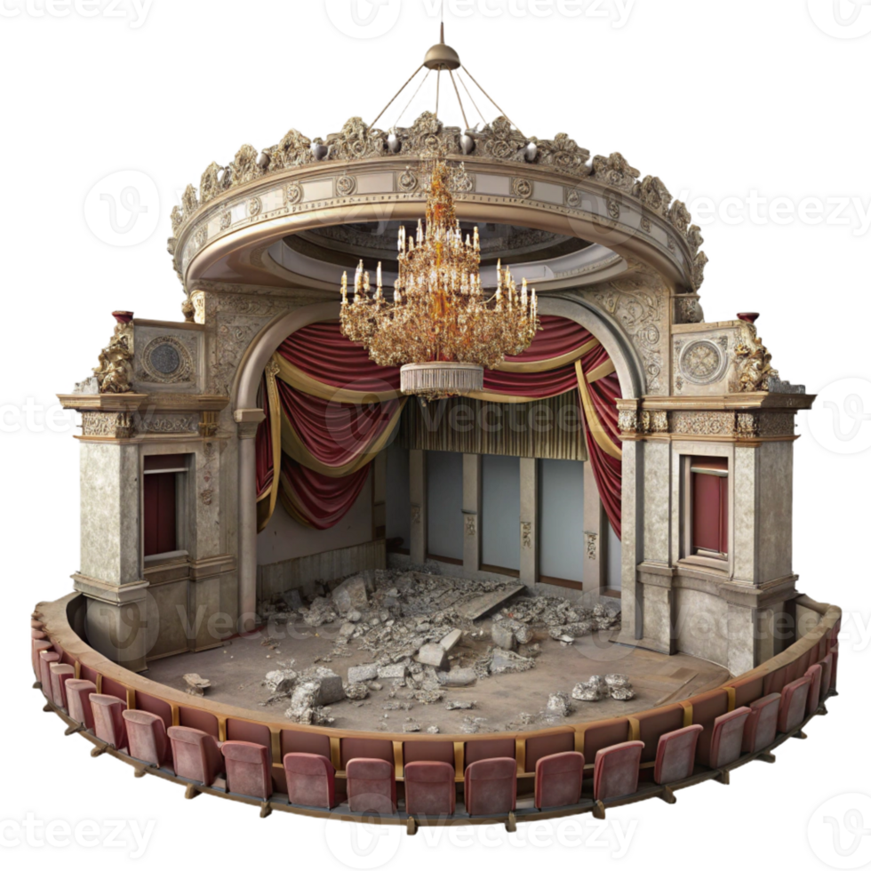 extraordinary rustic A dilapidated Art Nouveau theater, faded frescoes and broken chandeliers, melancholic, vintage photograph, professional png