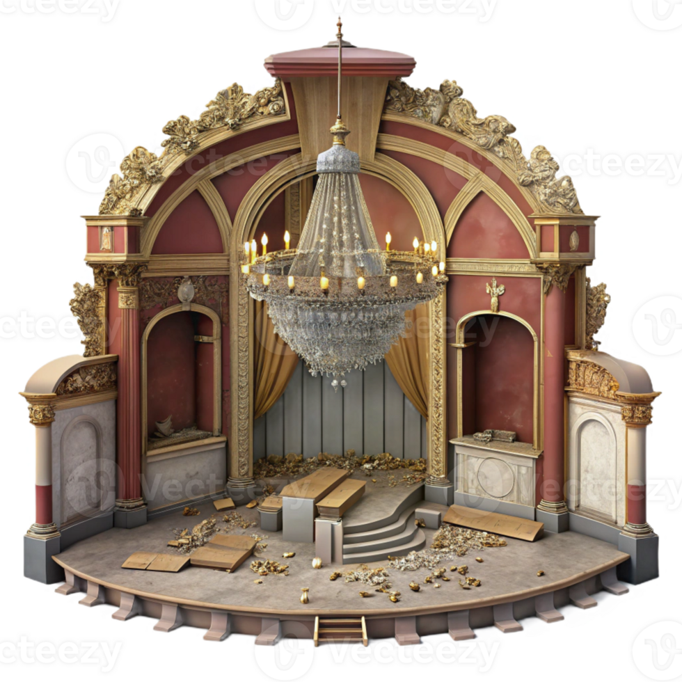 wonderful minimalist A dilapidated Art Nouveau theater, faded frescoes and broken chandeliers, melancholic, vintage photograph, authentic png
