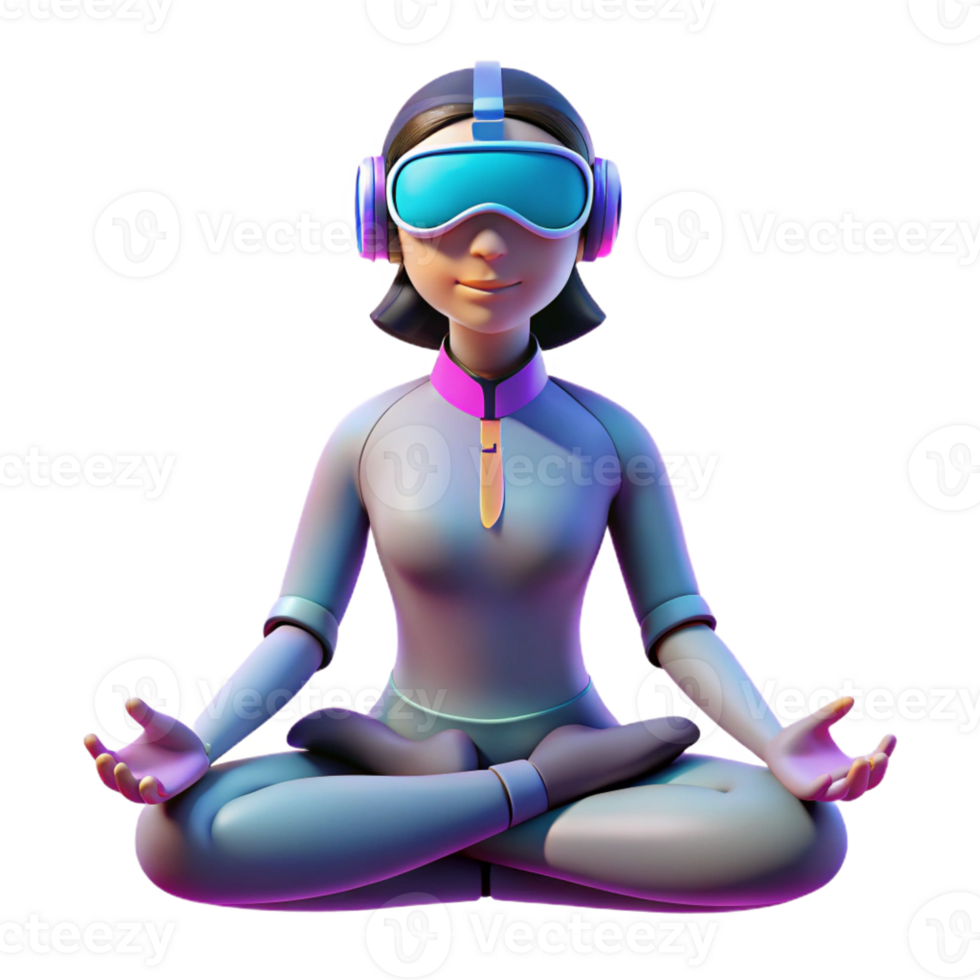 vibrant artistic A woman with cybernetic enhancements meditating in a virtual reality environment, soft ambient lighting, ethereal style 4K png