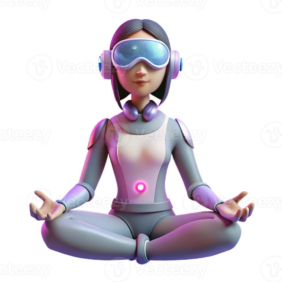 wonderful modern A woman with cybernetic enhancements meditating in a virtual reality environment, soft ambient lighting, ethereal style 4K png