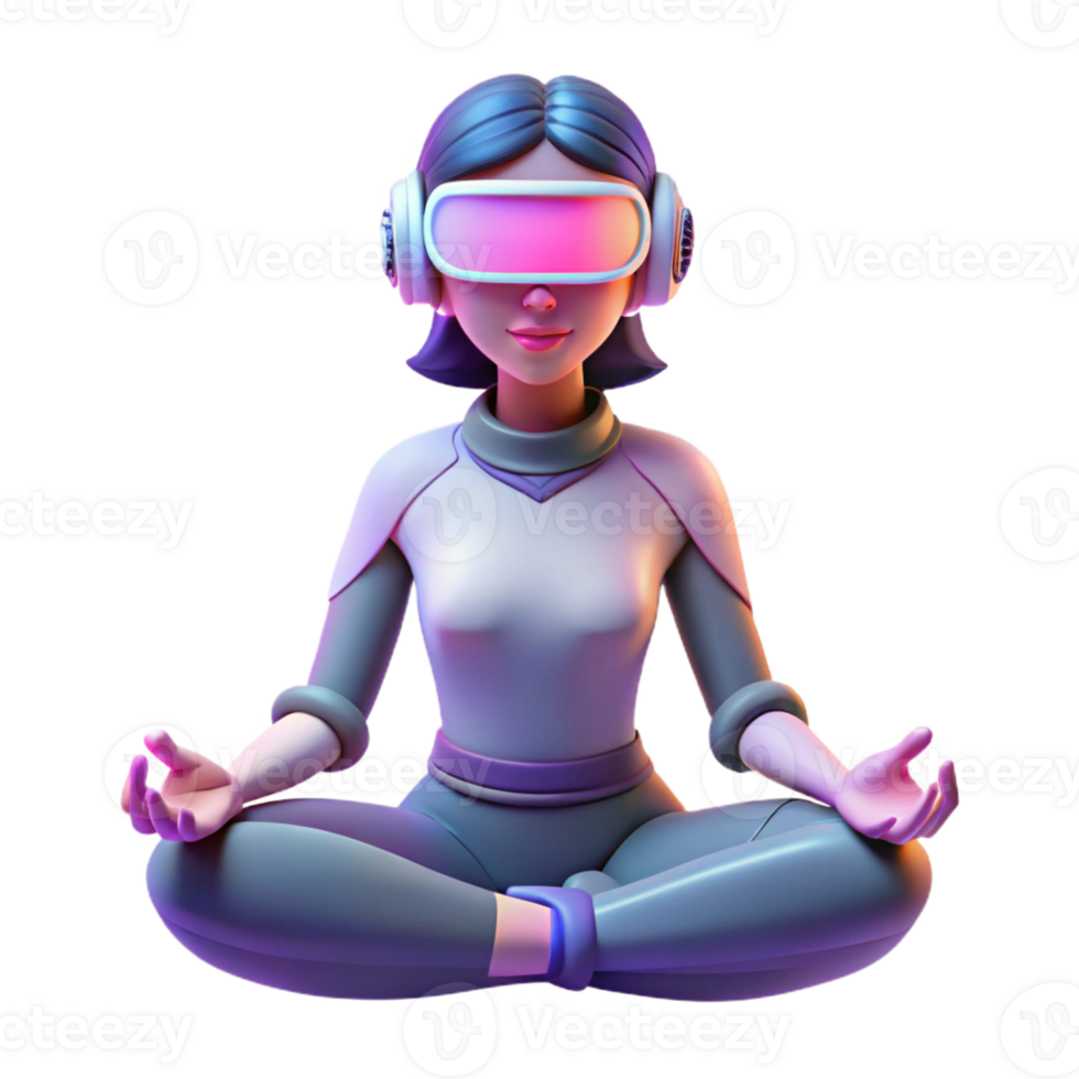 vibrant modern A woman with cybernetic enhancements meditating in a virtual reality environment, soft ambient lighting, ethereal style authentic png