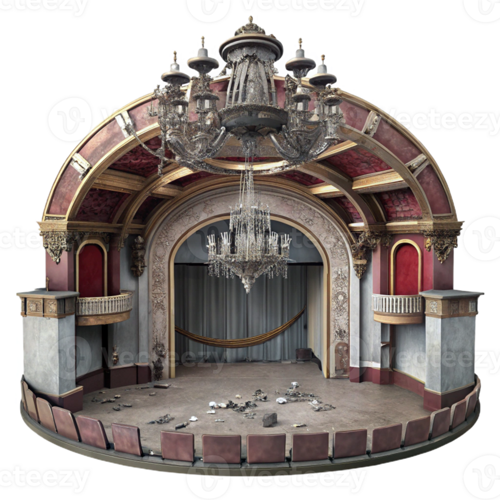 vibrant artistic A dilapidated Art Nouveau theater, faded frescoes and broken chandeliers, melancholic, vintage photograph, premium png