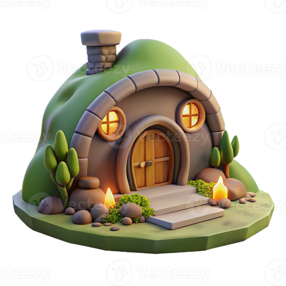stunning vintage A cozy hobbit hole built into a hillside, warm firelight, whimsical, digital painting, high resolution png