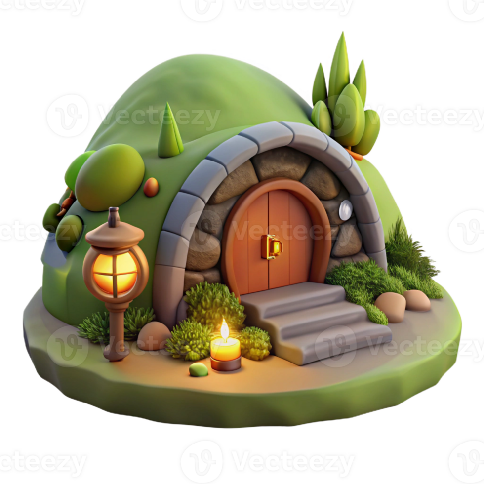 dramatic modern A cozy hobbit hole built into a hillside, warm firelight, whimsical, digital painting, professional png