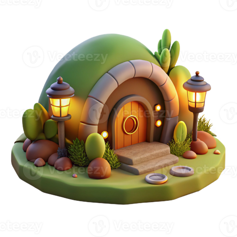 dramatic modern A cozy hobbit hole built into a hillside, warm firelight, whimsical, digital painting, premium png