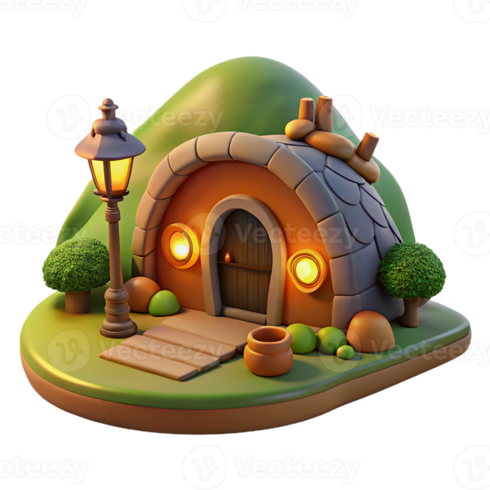 beautiful modern A cozy hobbit hole built into a hillside, warm firelight, whimsical, digital painting, high quality png